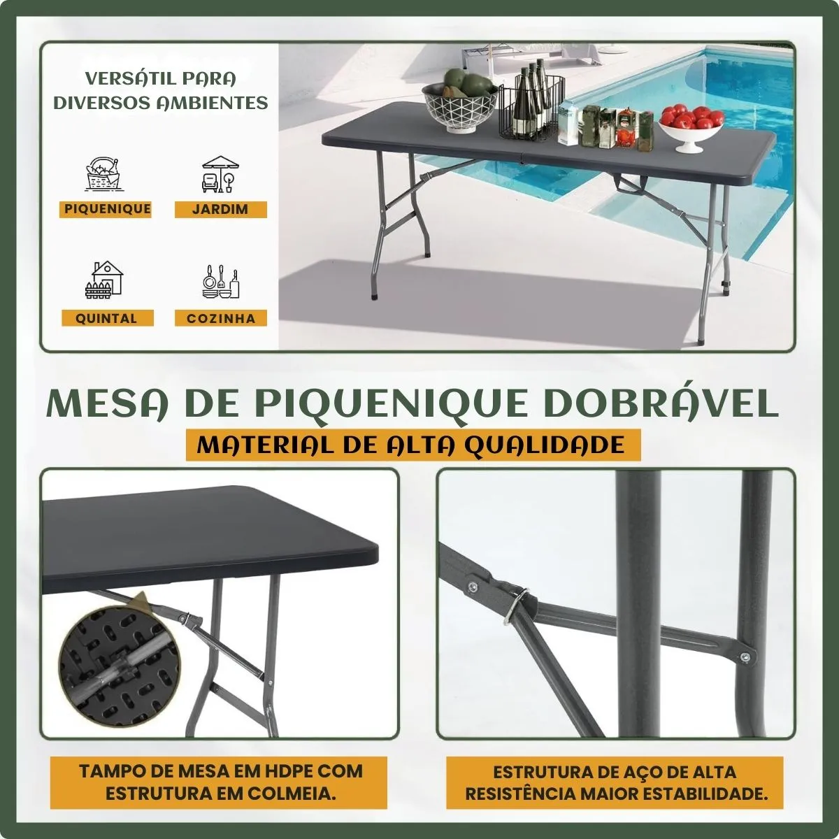 Mesa Dobravel Vira Maleta Com Alca Portatil 1.80m Para Camping Pesca Jardim Area Externa Ou Interna Salao De Festas Gourmet Cor Preto Luvinco - Imagem 3