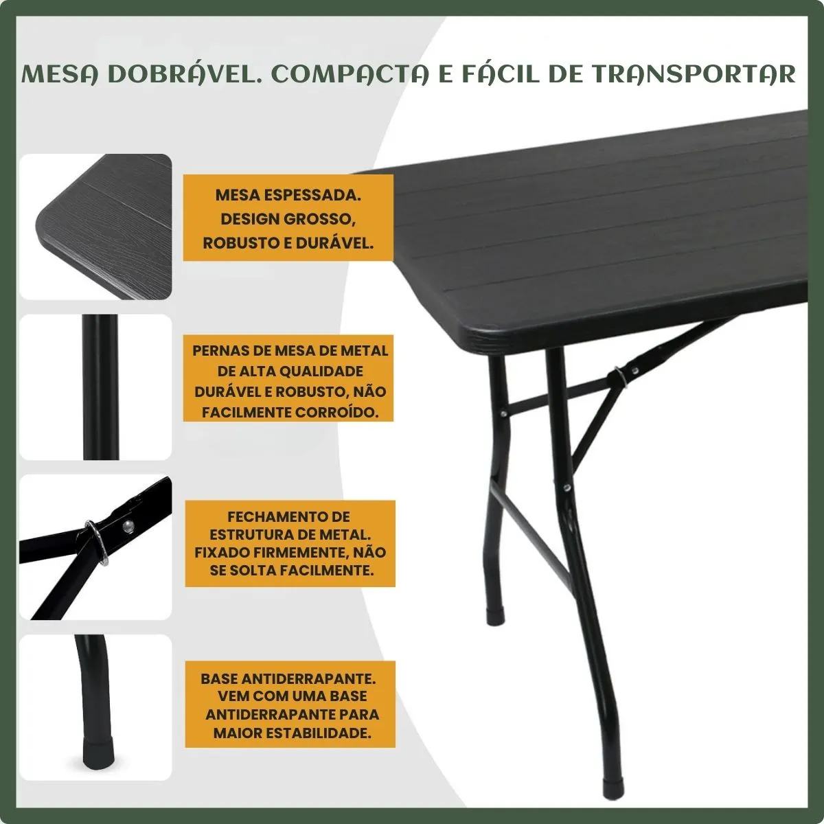 Mesa Dobravel Vira Maleta Com Alca Portatil 1.80m Para Camping Pesca Jardim Area Externa Ou Interna Salao De Festas Gourmet Cor Preto Luvinco - Imagem 9